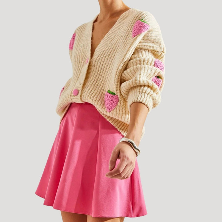 Edith - Chunky knit strawberry button up cardigan