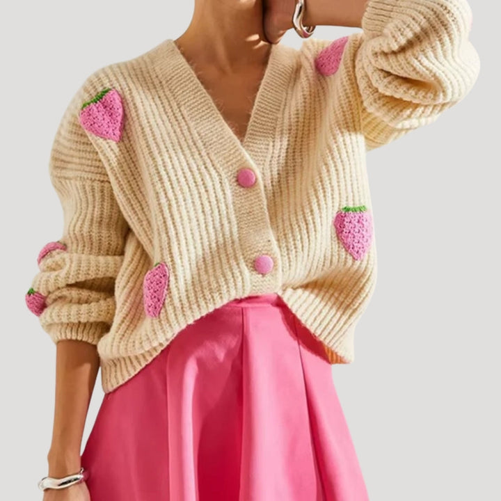 Edith - Chunky knit strawberry button up cardigan