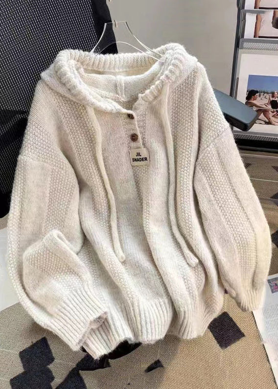 June - Button Lace Up Cotton Knit Tops Hooded Long Sleeve