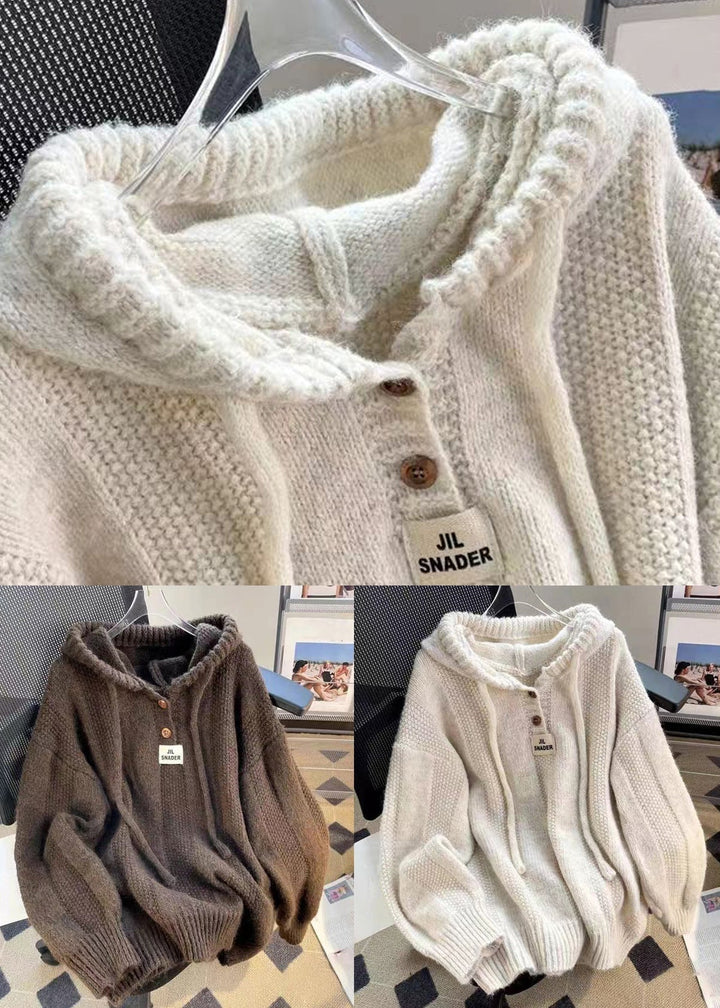 June - Button Lace Up Cotton Knit Tops Hooded Long Sleeve